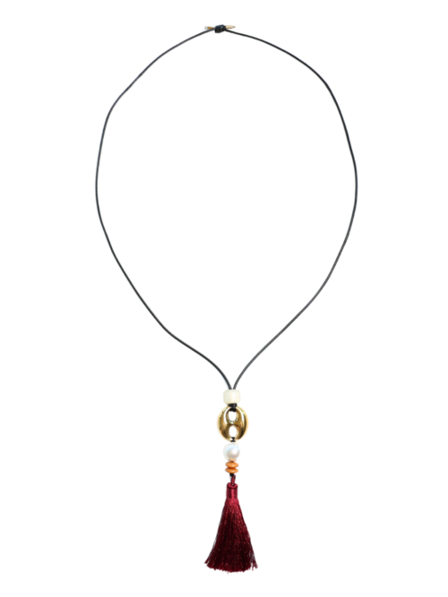 Bonnie Tassel red cord neck